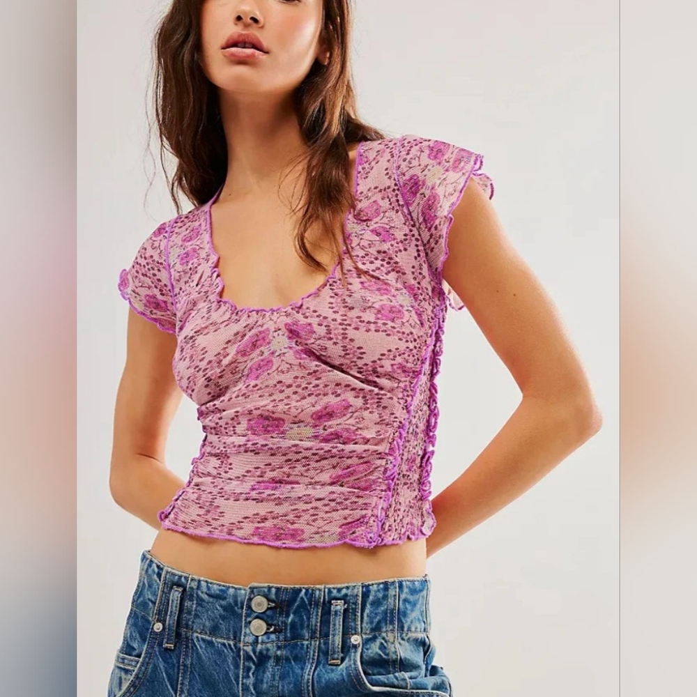 Free People Floral Lilac Oh My Baby Mesh Cropped Tee Size Medium